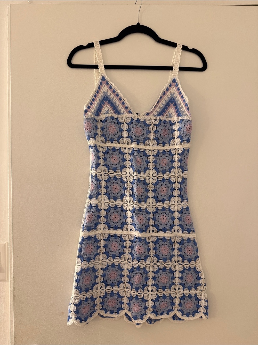C Blue and White Crochet Mini Dress